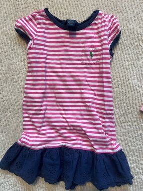 Ralph Lauren Pink & White Striped Cotton Dress with Navy Trim + Eyelet Hem Sz 5